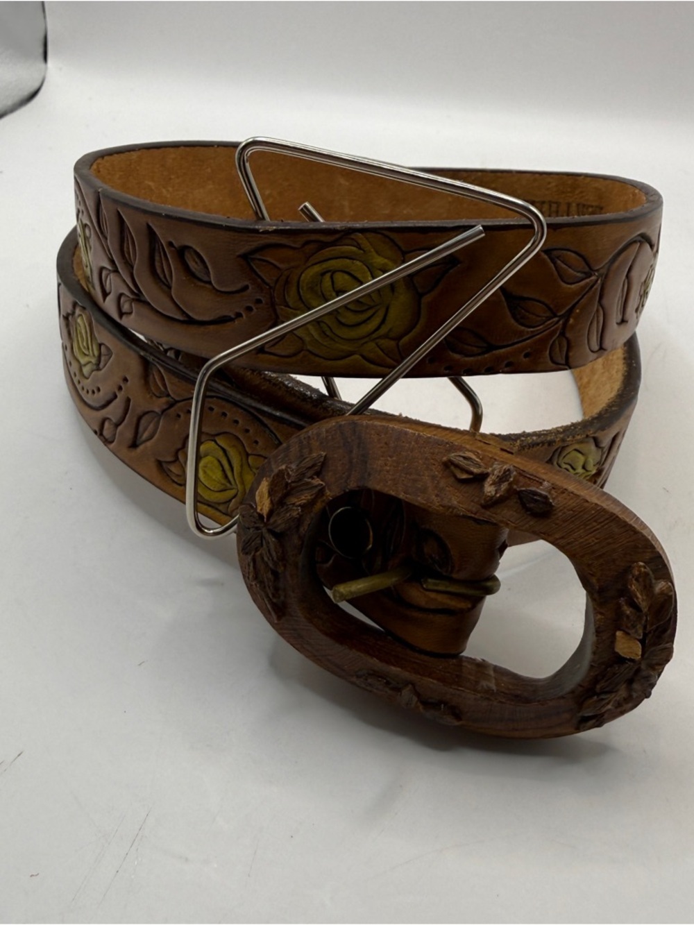 Flower Leather Belt 32 Boho Hippie Handmade Tooled Skinny Brown Vtg